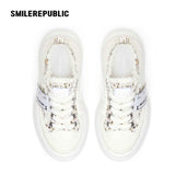 Off White Speckled Tweed Frayed Smile Toe Chunky Platform Sneakers, Unisex Low Top