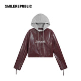 Unisex PU-Coated Faux Leather Cropped Hooded Zip Jacket