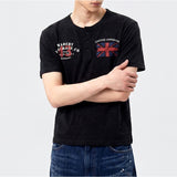 Slub Henley-Neck Cropped T-Shirt Union Jack Black
