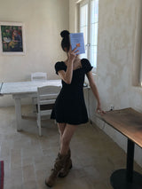 Garden Square Puff Shirring Ribbon Mini Dress