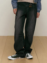 WASHING PIN TUCK NAPPING WIDE-FIT DENIM PANTS [BLACK]