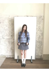 Blue stripe frill long-sleeved cardigan