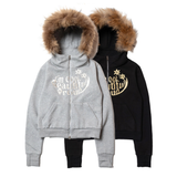 SHINE FUR-HOODIED 2WAY ZIP UP HOODIE BLACK