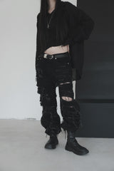 [unisex]レーザーダメージワイドデニム