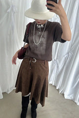 SUEDE UNBALANCE SKIRT WITH BELT SET (BROWN)