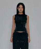 TATTOOED GRAPHIC COWL SLEEVELESS_BLACK