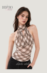 Shphone check holder neck mint-sleeved blouse Top 