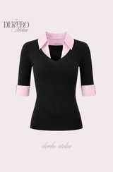 Pink black steady collar V top