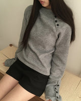 Renin Button High-Neck Hooded Ribbed Long-Sleeve Knit