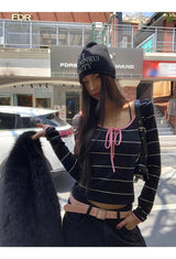 Pink strap striped striped long-sleeved t-shirt