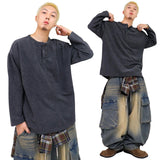 Over Waffle Henley Neck Long Sleeve Tee