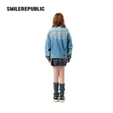Denim Blue Washed 100% Cotton Oversized Zip Front Denim Jacket with Frayed Back Graphic