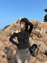 Unbuttoned off-shoulder halter strap long sleeve T-shirt (3 colors)