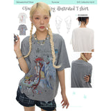 BETWEENANDxOliwa New women’s summer loose-fit two-color collaborative illustration round-neck short-sleeve T-shirt