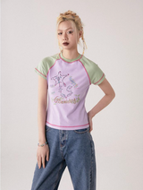 コントラストカラープリンティドラウンドネック半袖Tシャツ