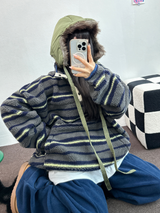 ストライプフリースワンサイドストリングアノラックニットスウェット 💙🩶🧡3COLOR