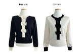 Quiet Bow Ribbon Trim Contrast Knit Long Sleeve Top