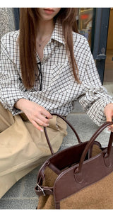 French checkered pocket loose fit long-sleeved shirt