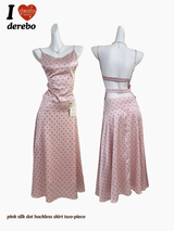 pink silk dot backless skirt two-piece