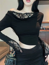 Lace fitted long-sleeved top (2colors)