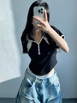 スリムUネックスナップクロップショートスリーブフード🖤🩶🤍 - 3カラーズ