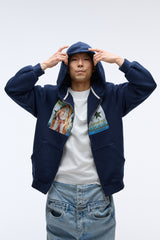 Sound wave artwork damage washing hoodie zip-up (Navy)