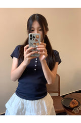 Short Sleeve Button Slim Ribbed Short Sleeve Tee
