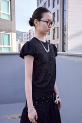 Floral Lace Puff Top (Black)
