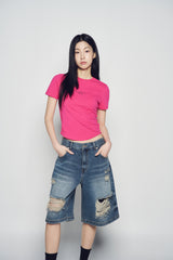 25SS BASIC LOGO HEM LINE CROP SHORT SLEEVE T-SHIRT HOT PINK