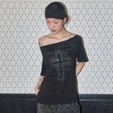 Divine Cross One-Shoulder Tee (Black) F25QB138
