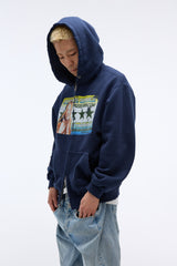 Sound wave artwork damage washing hoodie zip-up (Navy)