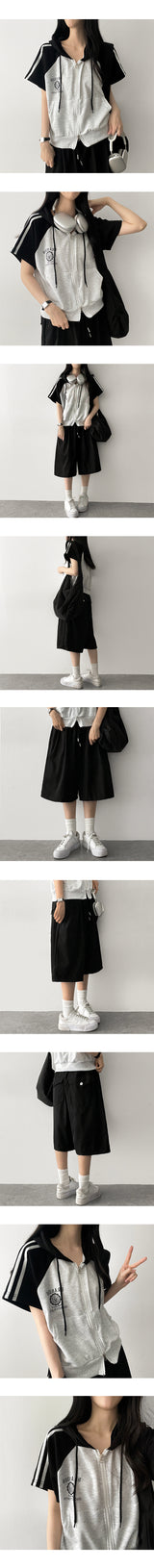 Coming Two-Way Line Coloring Short Sleeve Hooded Zip-Up