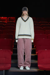 CABLE V NECK CRICKET KNIT / IVORY
