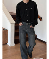 [Unisex] Stripe brush semi wide denim pants
