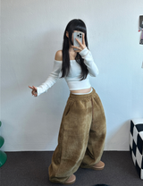 ミンクフリース🐑ビッグコーデュロイパッチバルーンパンツ❤🤍🖤🤎4カラー