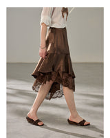 Asymmetric Lace Mix Silk Midi Skirt