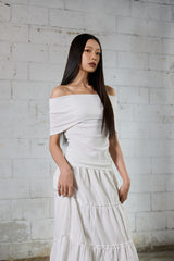 ドレープ オフショルダー Tシャツ-ホワイト