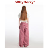 Why Berry 24SS "Sweetheart Formula" カラーブロッキングレトロルーズワイドレッグチェッカーパンツレッドアンドホワイトチェッカーパンツ