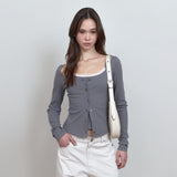 C 2-WAY ROSE BUTTON CARDIGAN SET_CHARCOAL