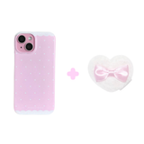 [PINK SET] lace polka dot phone case - hard + heart puff phone grip