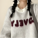 Mona Lovely Lettering Embroidery Loose Fit Round Knit
