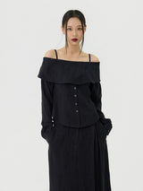 Scratch Cape Off-Shoulder Belted Shirt, Black