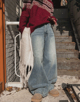 Shell washing wide balloon denim pants