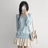 Unbalanced Shoulder Linen Long-Sleeved Knitwear T (4 colors) 