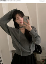 BR Crop V-neck Long Sleeve Knit + Tie Set (8color)