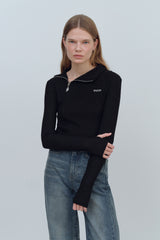 LOGO MIX UNBALANCE HALF ZIP-UP TOP - BLACK
