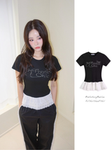 Black Lettering Beads Lace Frill Short-Sleeved T-Shirt