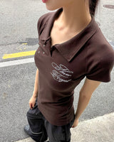Hamu Eyelet Rivet Printed Collar Short Sleeve T-Shirt