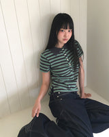 Deme ストライプ シャーリング PKカラー 半袖Tシャツ