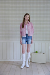 LOVELY CHECK LACE CROP SHIRT